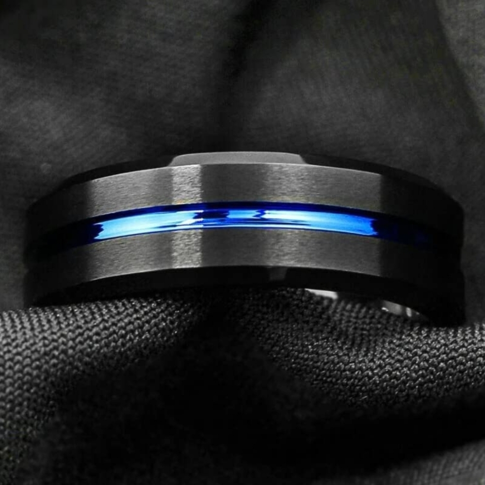 8MM NWT Stainless Steel Black with Center Blue Streak Ring, Size 10 - Picture 2 of 8